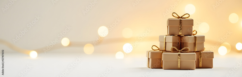 Poster A Stack Of Tiny Presents Sits Atop A Softly Glowing Golden Backdrop With Blurred Light Effects In A Horizontal Composi