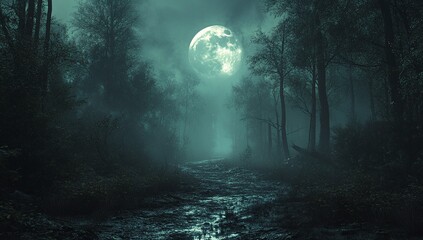Enigmatic forest path under a full moon.  Dark, mysterious, and atmospheric.