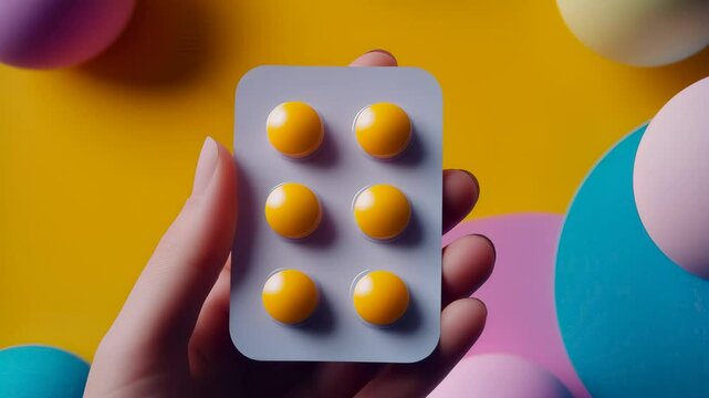 Hand holding a pack of round yellow pills or vitamins against a bold backdrop. Symbolizing prescription medication, pharmaceutical advancements, and modern drug design.