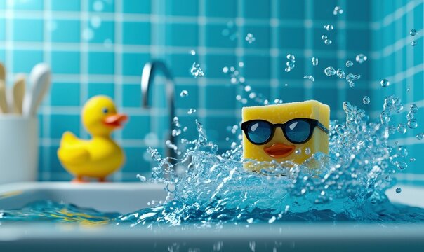 A cool square sponge with sunglasses is enjoying a refreshing bath with bubbles and a rubber duck.