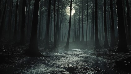 Naklejka premium Mysterious moonlit forest path. Dark trees and a tranquil stream create an eerie yet captivating scene.