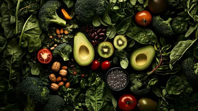 Healthy green food assortment with fresh vegetables. Fresh vegetables, fruits, and nuts on a dark background, symbolizing healthy eating, vegan lifestyle, and organic nutrition.