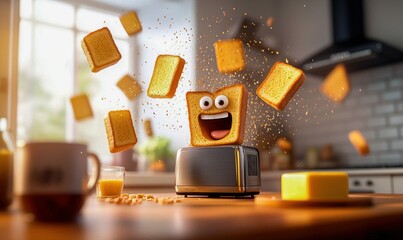 An animated toast character leaps from a toaster amidst flying toast slices and crumbs in a modern kitchen.