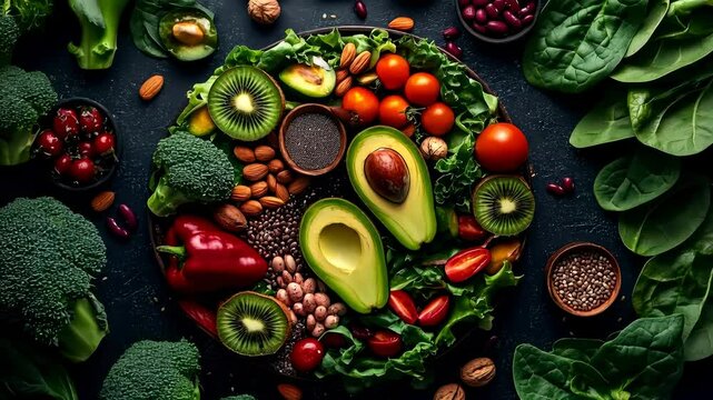 Healthy green food assortment with fresh vegetables. Fresh vegetables, fruits, and nuts on a dark background, symbolizing healthy eating, vegan lifestyle, and organic nutrition.