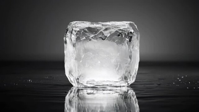 A single ice cube reflecting light on a dark surface. Symbolizing purity, coldness, and minimalism.