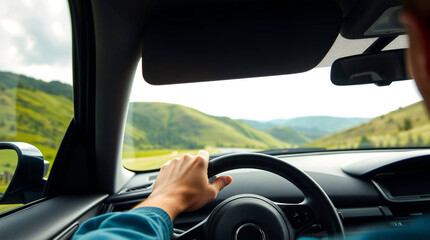 A man driving a car. View from the driver's seat. Close-up.