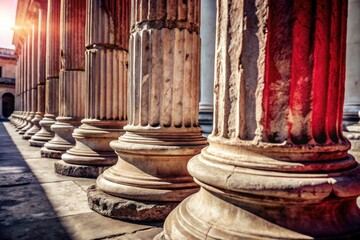 Fototapeta premium Classic Columns Sunlight Photography: Ancient Ruins, Greek Architecture, Roman Pillars, Sunlight Beams, Golden Hour, Architectural Detail, Stone Columns