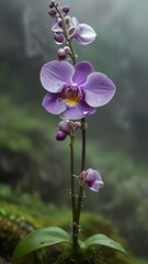 A close-up of a delicate purple orchid with water droplets on its petals, growing against a backdrop of blurred greenery and fog. Suitable for blogs about flowers, gardening, floristry.