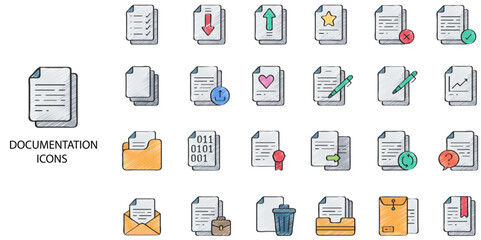 Documentation simple concept 24 hand drawn color icons set. Contains such document, file, set, business .Vector illustration.