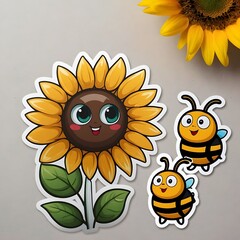 Cartoon illustration of a big smiling sunflower with big eyes and two little cheerful bees nearby. Suitable for children's products, stickers, cards and projects related to summer and nature.