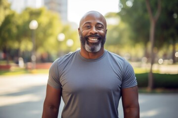 Portrait of a middle age body positive African American man in sporty clothes smiling after running in the city park