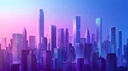 Fototapeta premium A photorealistic rendering of a futuristic cityscape, featuring towering skyscrapers, advanced technology, and sleek transportation systems, set against a gradient background transitioning from deep r