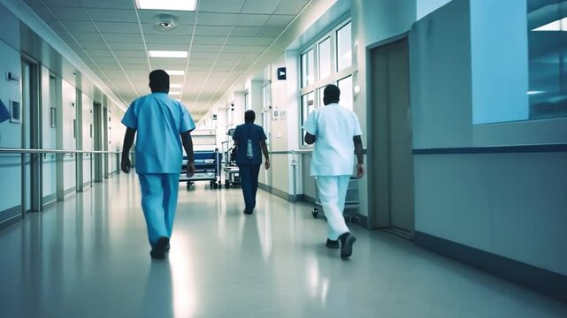 Hospital Corridor: Capturing a moment of professional routine in a modern hospital setting, the image presents healthcare professionals in their daily work.