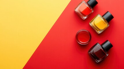 Nail polishes in bottles on color background, flat lay. Space for text