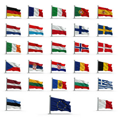 drapeaux des 27 pays européens plus le drapeau de l'Europe - rendu 3D - fond transparent