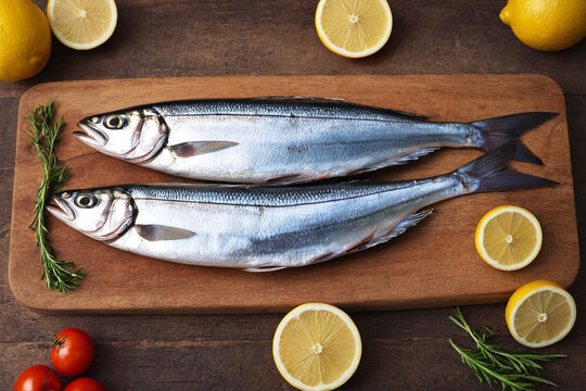 Fresh Whole Fish - Raw Seafood with Lemon and Rosemary on Wooden Board Prepared for Cooking