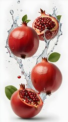 An image of four ripe pomegranates surrounded by dynamic splashes and drops of water on a light background. Suitable for advertising fresh fruits, juices, recipes.