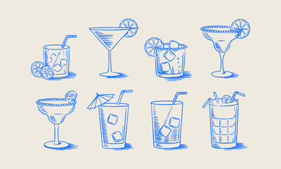 A stylish vector illustration of various cocktails in a minimalistic blue line-art style, easily editable.