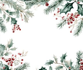 Fototapeta premium A festive arrangement of holly and pine branches with red berries, creating a seasonal frame against a blank white background.