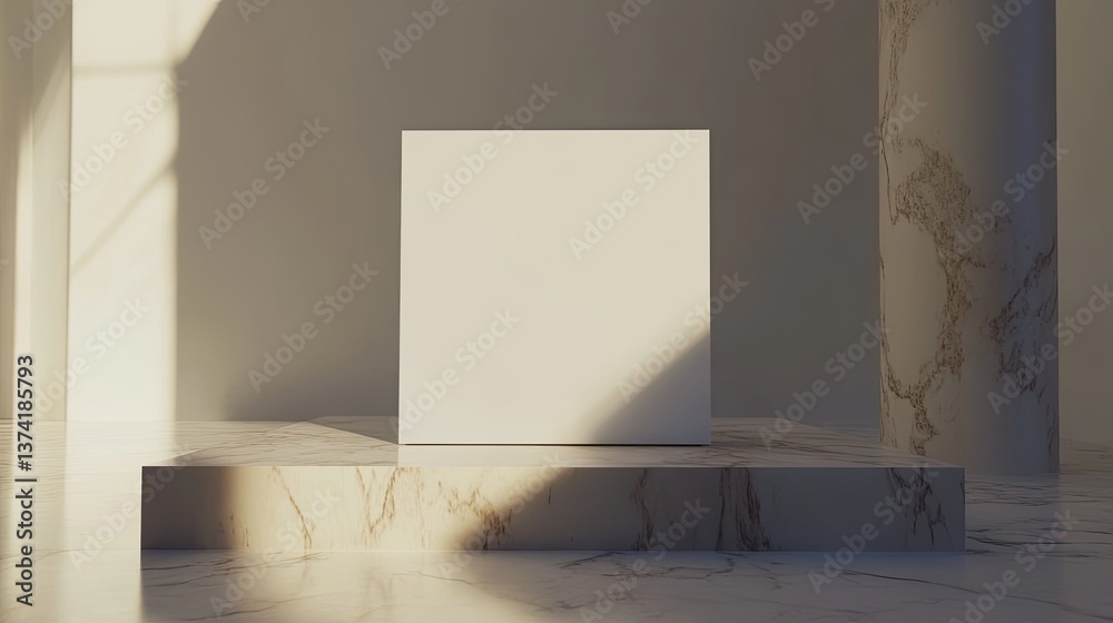 Poster minimalist display with empty cube in soft natural lighting