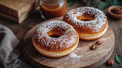 Set of delicious donuts on wooden table with caramel sauce and nuts