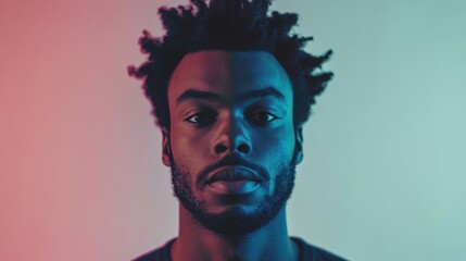 A hyperrealistic, biometric-style portrait of a man, featuring subtly blended faces with aligned facial features from diverse ethnicities, in soft lighting with a plain background.