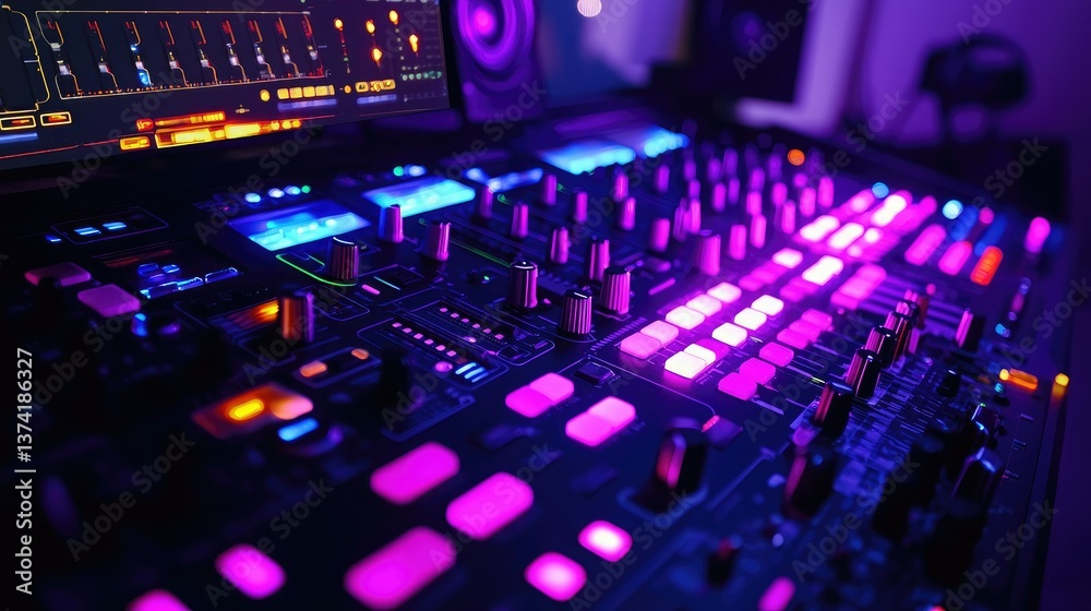 Poster high-tech beat machine glowing in a studio