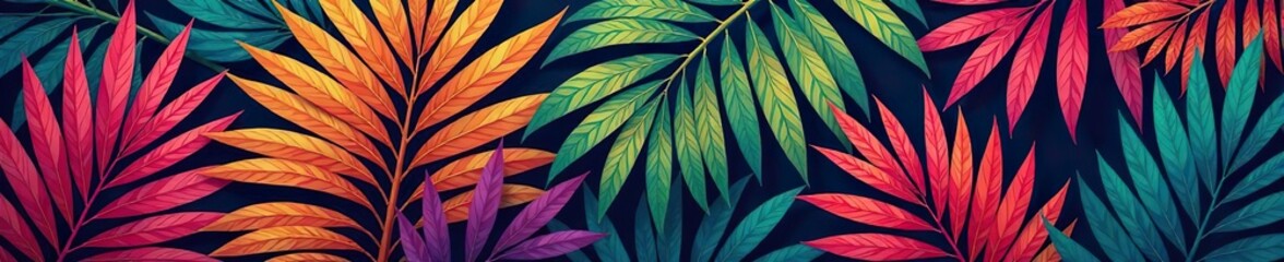 Vibrant closeup of colorful palm leaves in an elegant pattern,  texture,  botanical