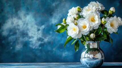 A lush bouquet of white camellias in a polished silver vase, glowing against a classic midnight blue background