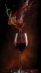 A close-up of red wine pouring spectacularly from a bottle into a clear glass on a long stem, with splashes flying out. Suitable for wine advertising, wine culture blogs.