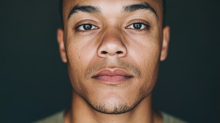 Obraz premium A hyperrealistic, passport-style portrait of a man, with blended faces of different ethnicities, including Black, White, and more, perfectly aligned facial features