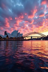 Vibrant image of Sydney skyline at sunset with iconic opera house and harbor bridge,  architecture,  harbor