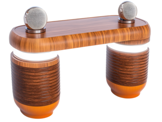 A small wooden stage with two angled spotlights illuminating a microphone stand. transparent PNG