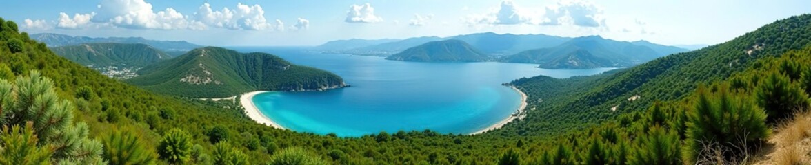 Vibrant panorama of stunning Cyprus landscapes with lush green forests, crystal clear waters, and rolling hills,  nature,  cliffs