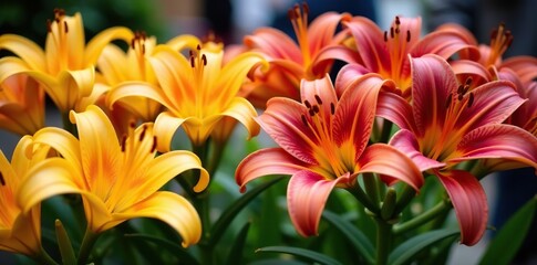 Fototapeta premium Vibrant lilies in various colors displayed for sale at a market stall, petals, stall