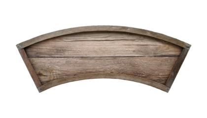 A wooden sign with a curved edge. The sign is made of wood and has a rustic appearance
