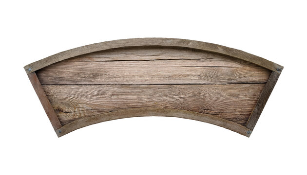 A wooden sign with a curved edge. The sign is made of wood and has a rustic appearance