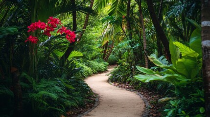 Fototapeta premium Serene Escape: Discovering a Secret Jungle Trail Amidst Towering Trees and Exotic Blooms