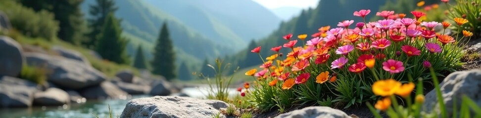 Vibrant flowers blooming on rocky terrain,  arrangement,  rocky surface