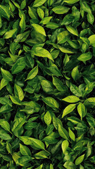 Obraz premium Vibrant green tea leaves layered in an organic pattern for nature-inspired phone wallpaper.