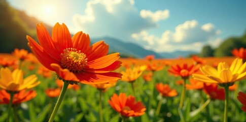 Obraz premium Vibrant cluster of red and yellow Indian Blanket flowers in full bloom on a sunny day, flora, vibrant