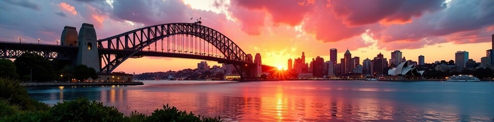 Vibrant sunset over Sydney Harbour Bridge and city skyline, with lush greenery and glittering waters, Australia,  iconic
