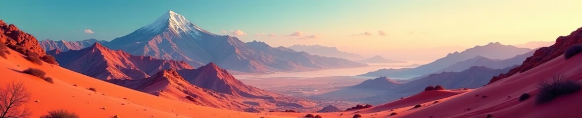 Fototapeta premium Vibrant collage of abstract mountain landscapes, vintage travel scenery, coast biome, multicolor hills, desert dunes, desert dunes, flat