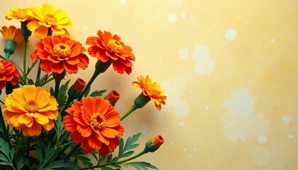 Vibrant marigold flowers in various colors including orange, yellow, and red on clear background,  red,  decoration
