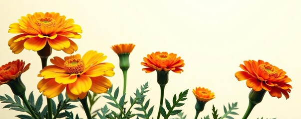Fototapeta premium Vibrant marigold flowers in various hues of orange, yellow, and red isolated on clear background, yellow, bloom