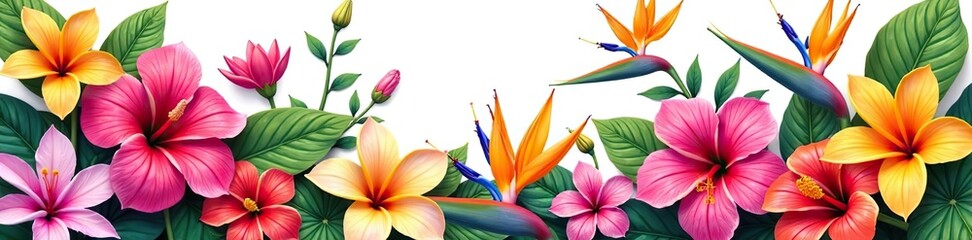 Vibrant collection of tropical exotic flowers including orchids, hibiscus, and bird of paradise isolated on a white background, tropical,  exotic
