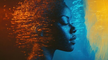 Woman s Face  Glittering Particles  Blue and Orange  Abstract Portrait