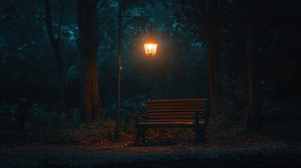 A single streetlight standing alone, illuminating a rustic wooden bench