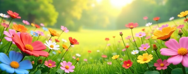Vibrant meadow with colorful blooming flowers in 3D rendering,  high,  bloom