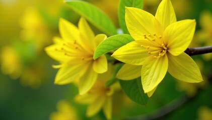 Fototapeta premium Vibrant yellow forsythia flowers in full bloom surrounded by bright green leaves, floral, beauty